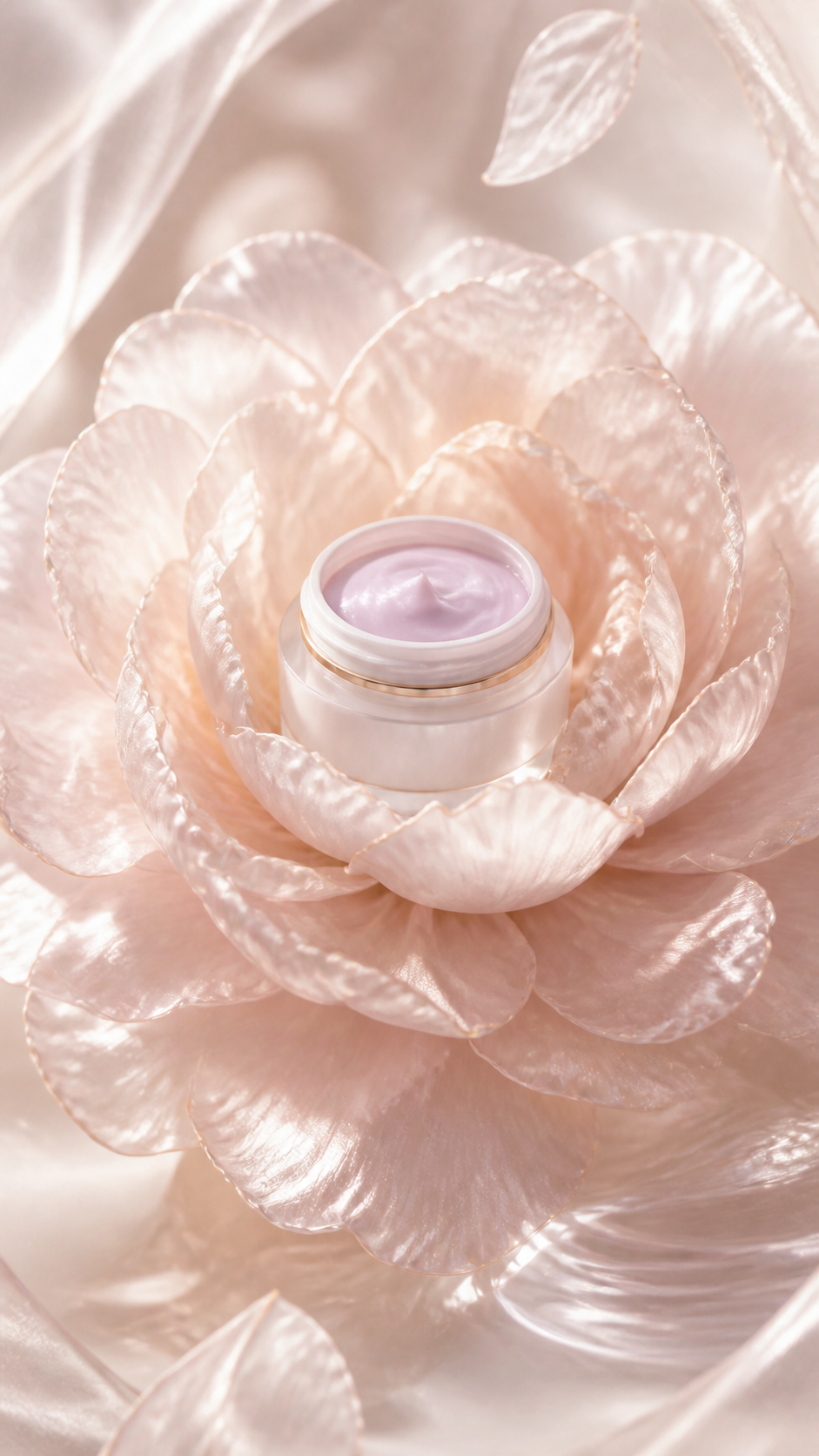 AI cosmetic product visual in a soft pink floral world