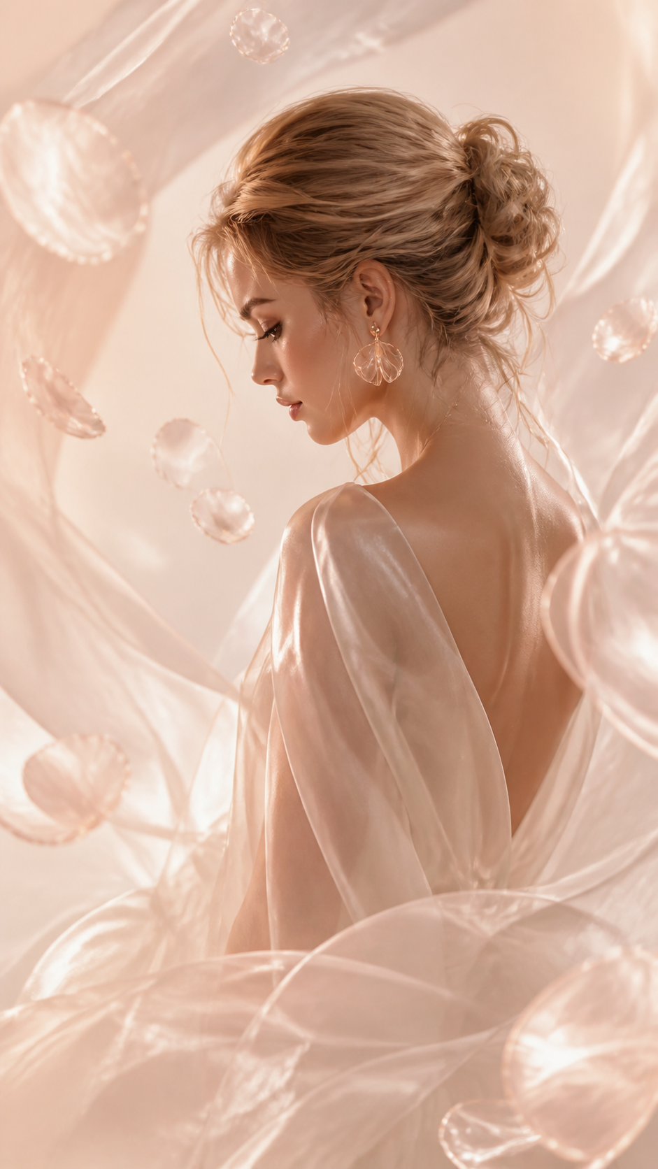 AI fashion campaign visual of a woman in a soft translucent outfit