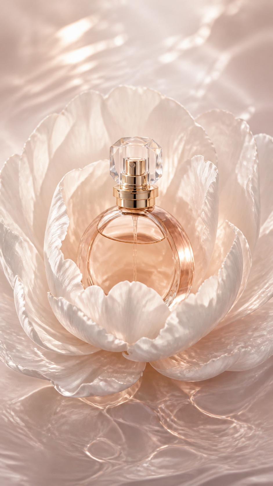 AI product visual of a perfume bottle surrounded by a white flower