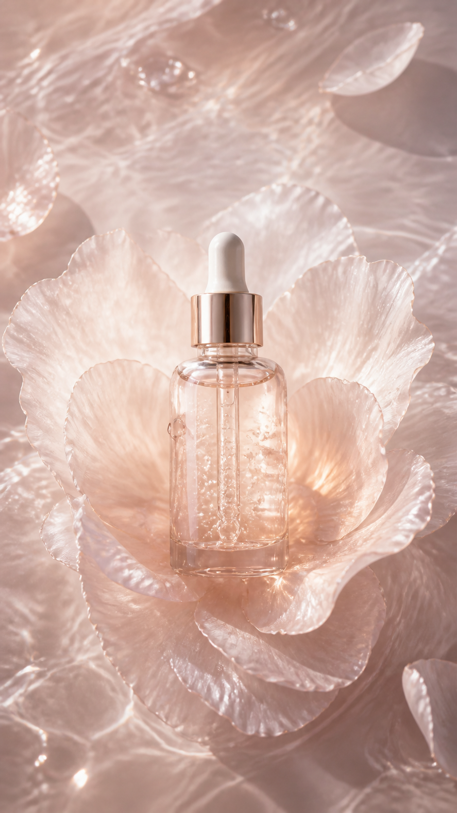 AI skincare visual with a product bottle and luminous petals